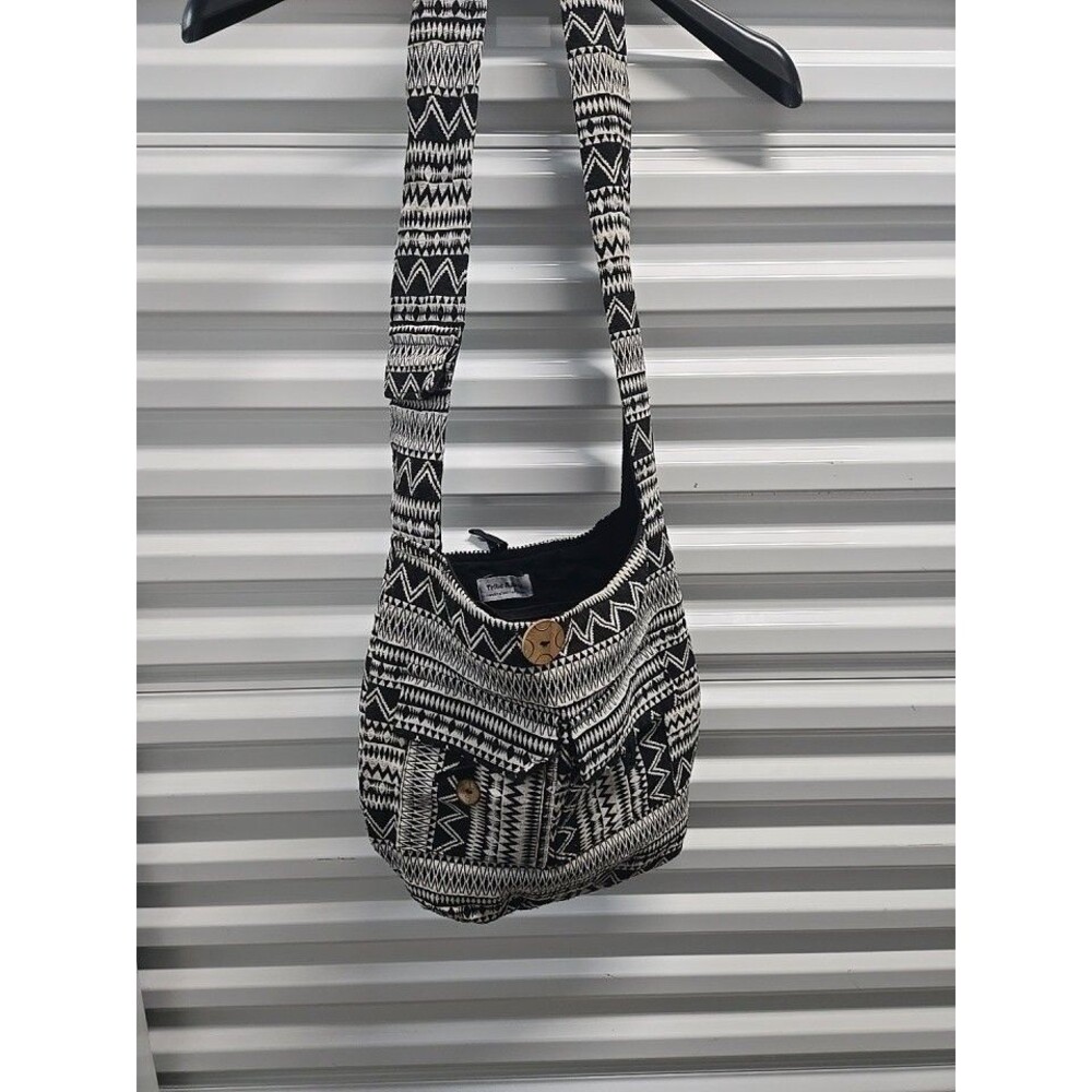 Tribe Azure Black Multicolor Tribal Shoulder Bag Button zip Festival Hippy